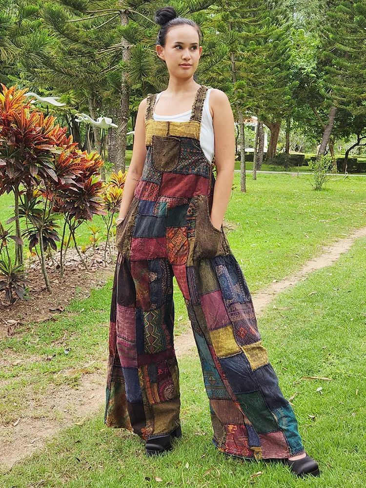 Midnight Black Wide-Leg Patchwork Jumpsuit Overall
