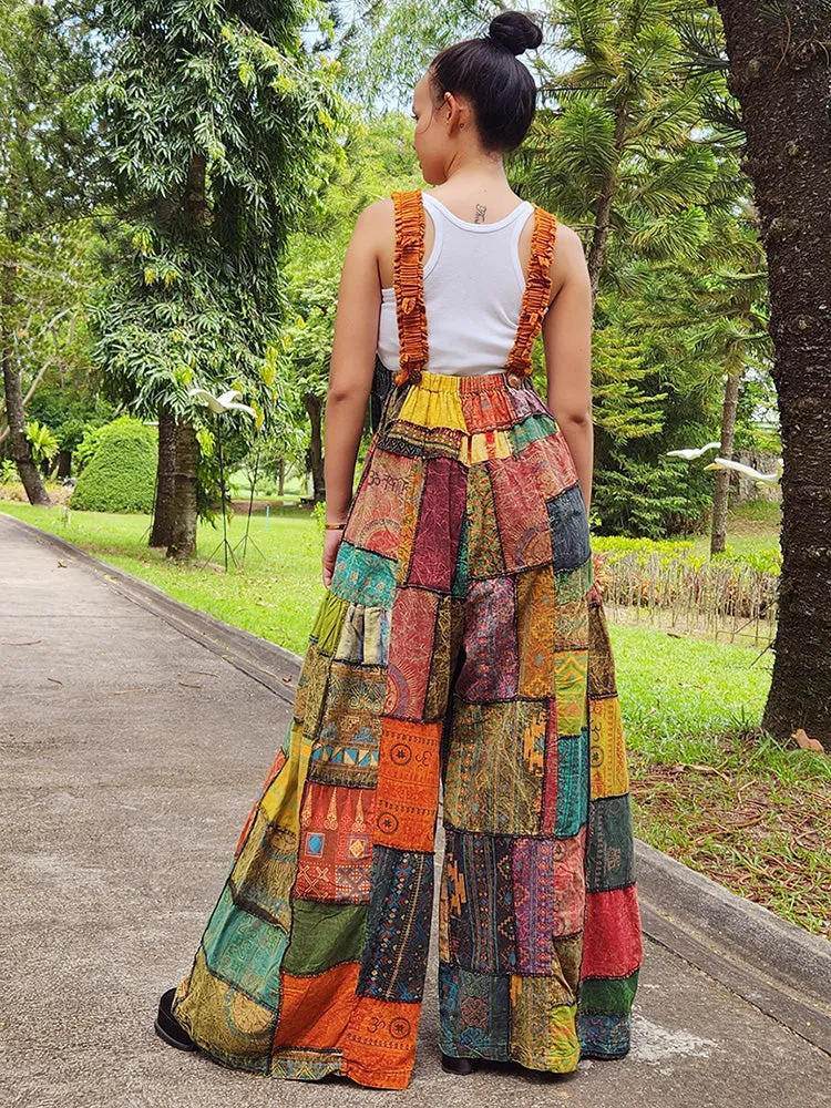 Midnight Black Wide-Leg Patchwork Jumpsuit Overall