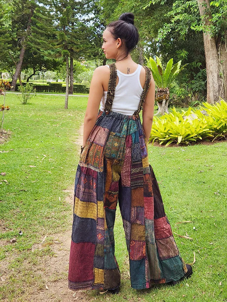 Midnight Black Wide-Leg Patchwork Jumpsuit Overall