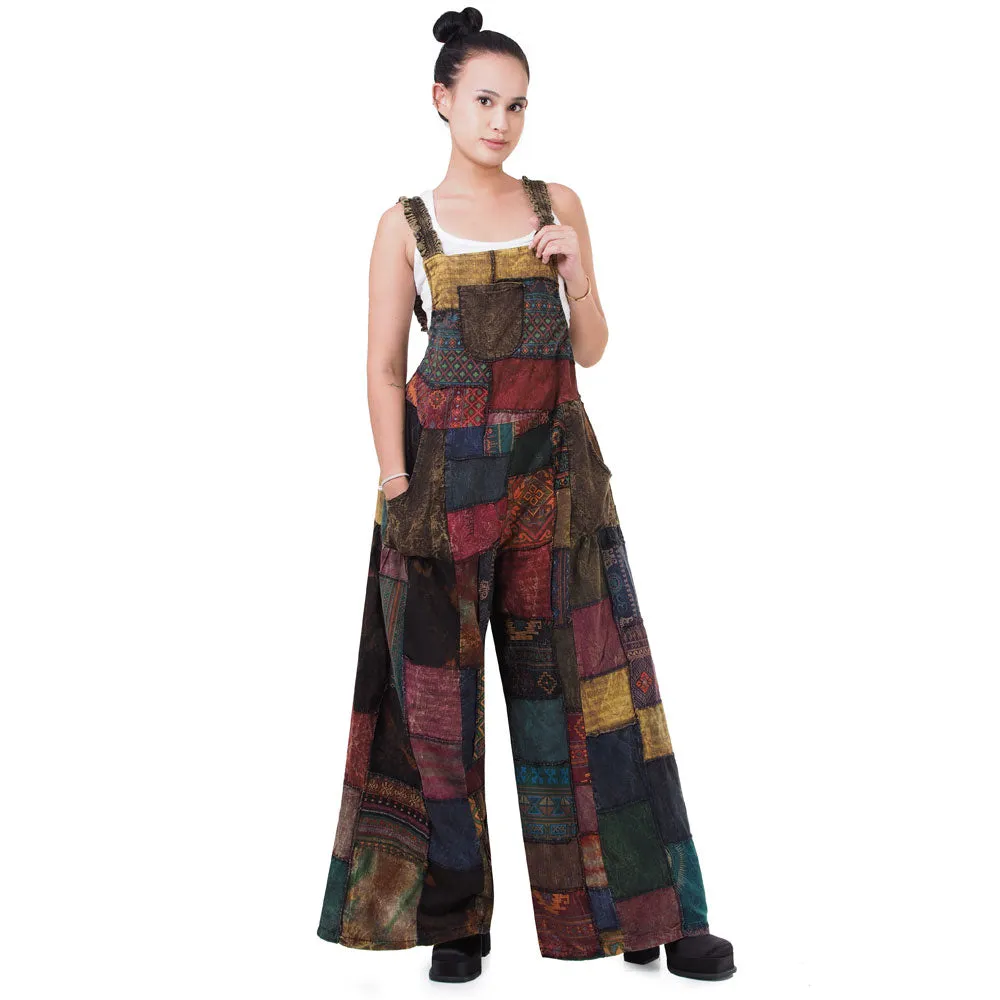 Midnight Black Wide-Leg Patchwork Jumpsuit Overall