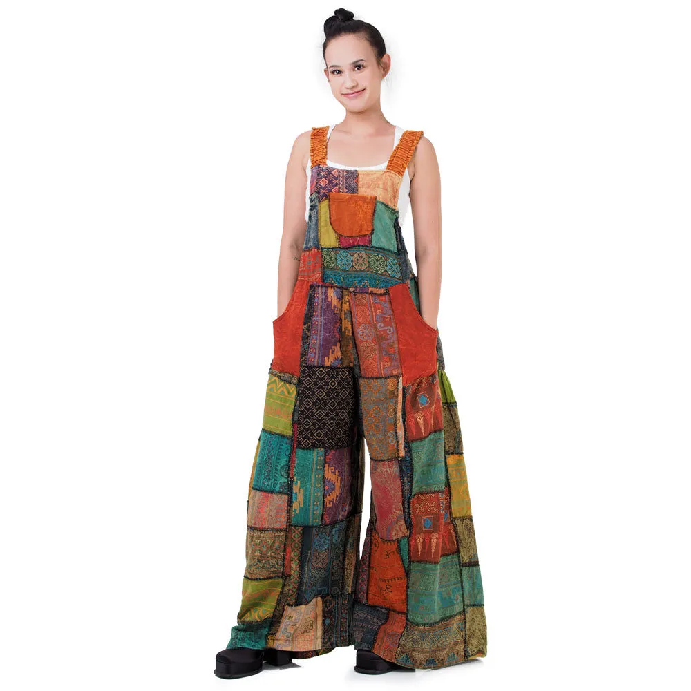 Midnight Black Wide-Leg Patchwork Jumpsuit Overall