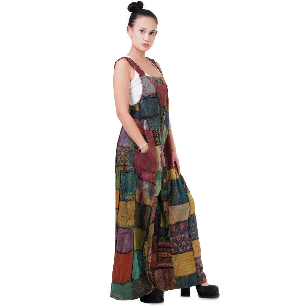 Midnight Black Wide-Leg Patchwork Jumpsuit Overall