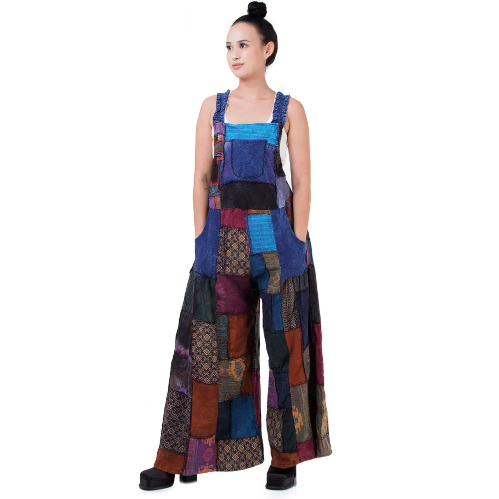 Midnight Black Wide-Leg Patchwork Jumpsuit Overall
