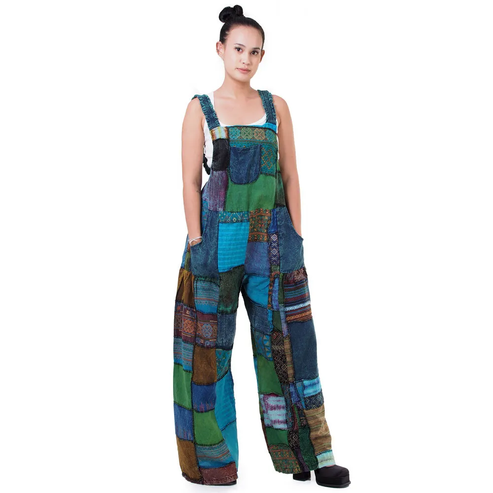 Midnight Black Wide-Leg Patchwork Jumpsuit Overall
