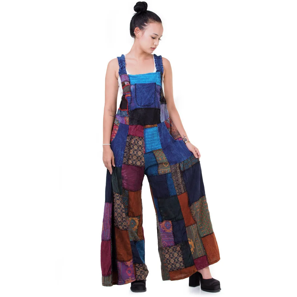 Midnight Black Wide-Leg Patchwork Jumpsuit Overall