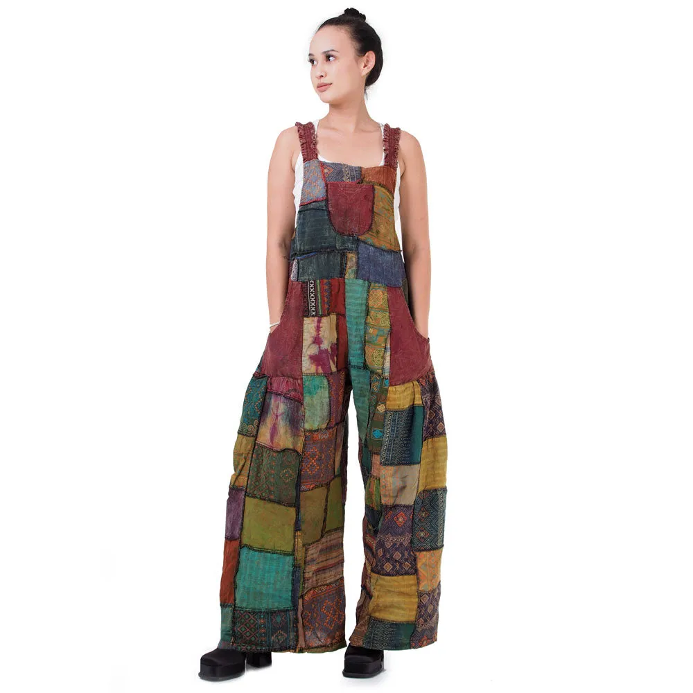 Midnight Black Wide-Leg Patchwork Jumpsuit Overall