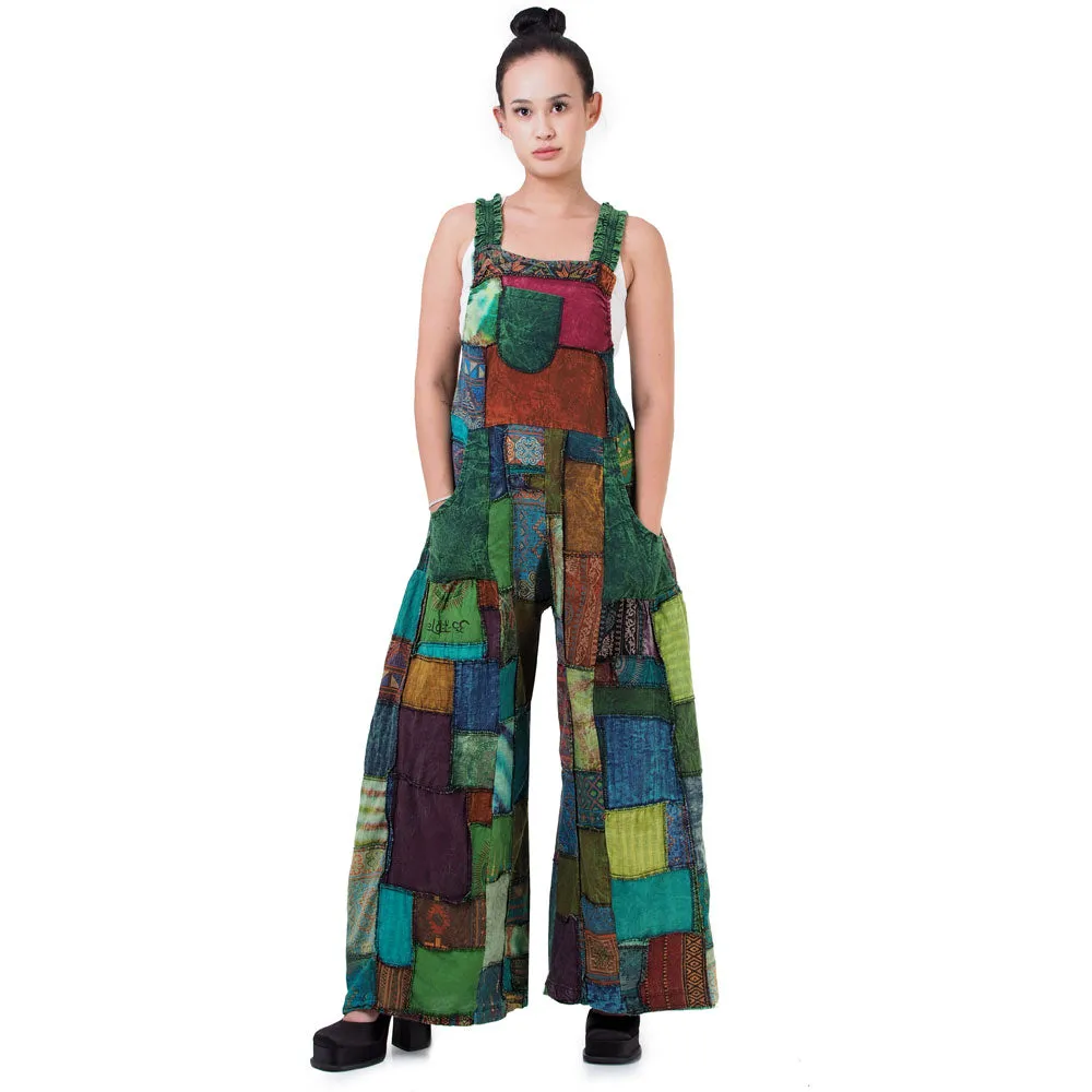 Midnight Black Wide-Leg Patchwork Jumpsuit Overall