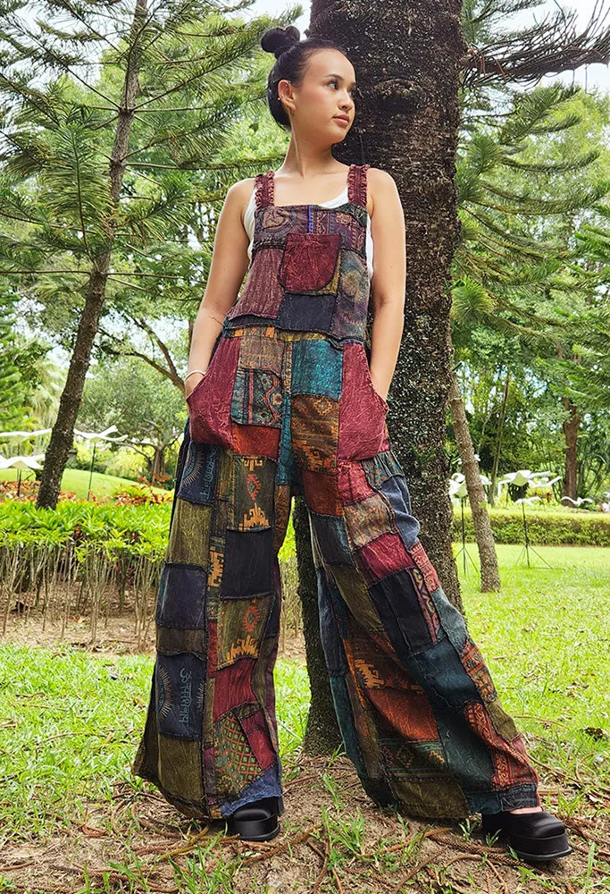 Midnight Black Wide-Leg Patchwork Jumpsuit Overall