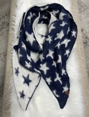 Navy & White Stars Reversible CC Brand Scarf w/Fringe
