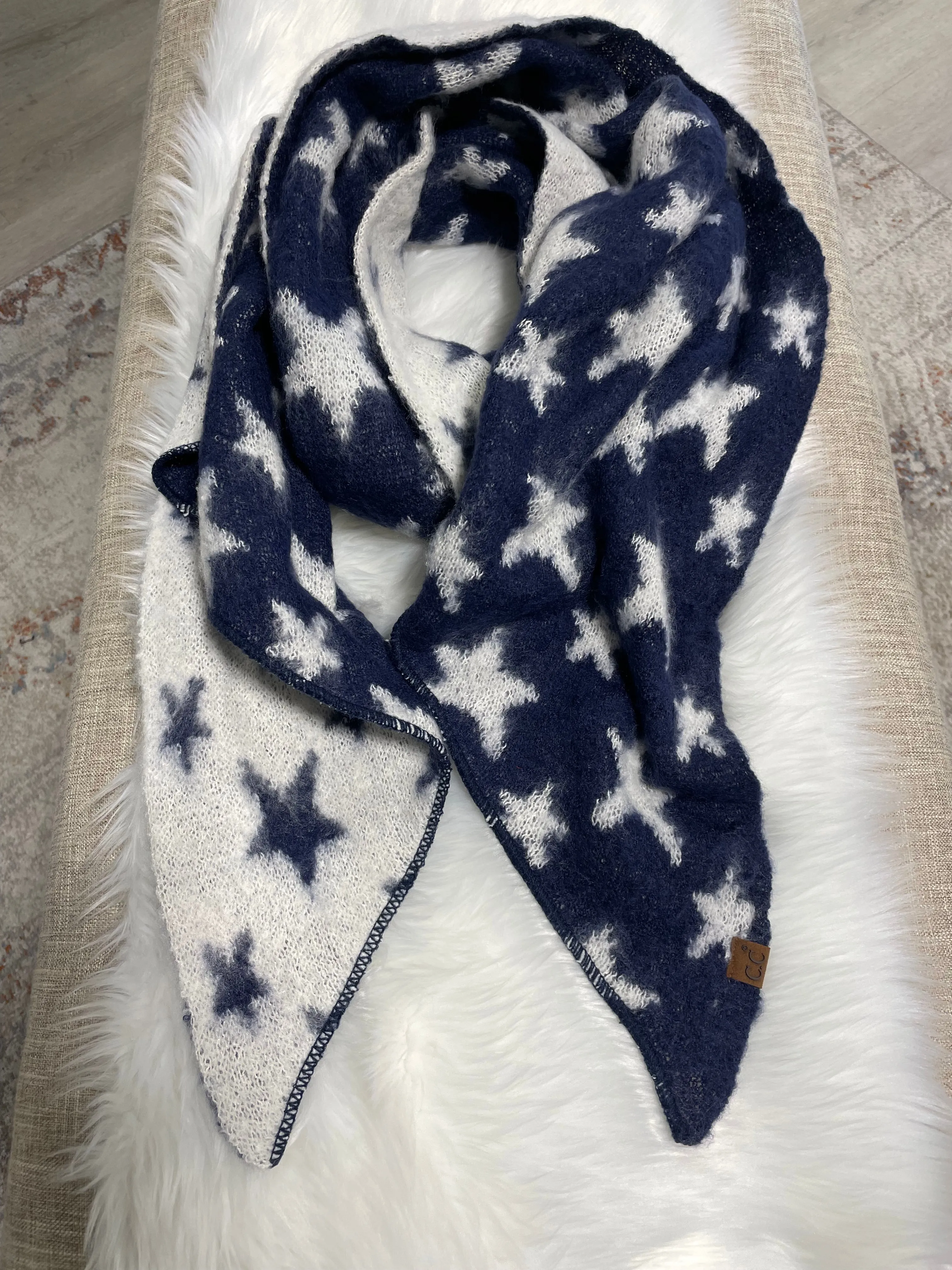 Navy & White Stars Reversible CC Brand Scarf w/Fringe