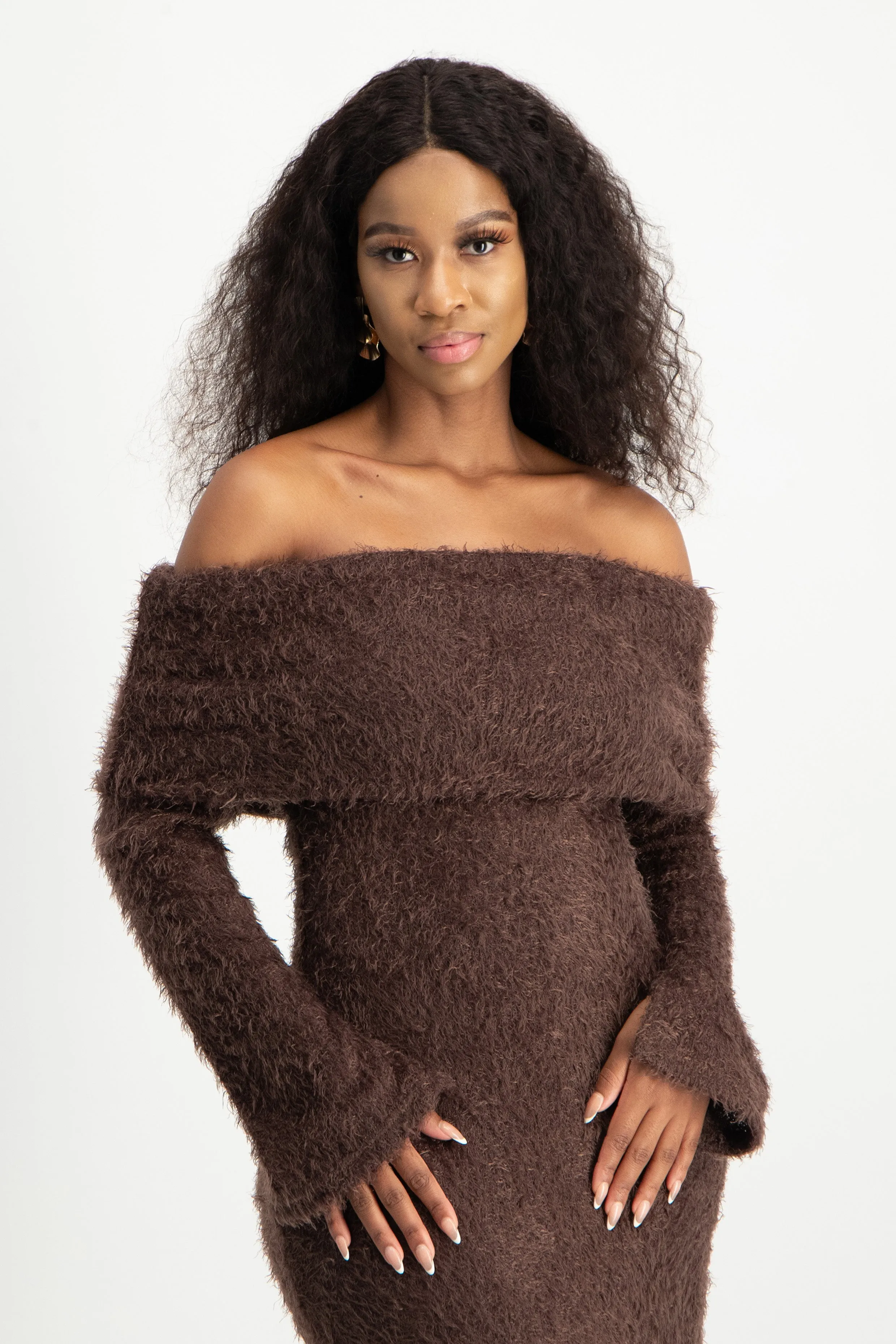 Off-Shoulder Fluffy Knit Dress