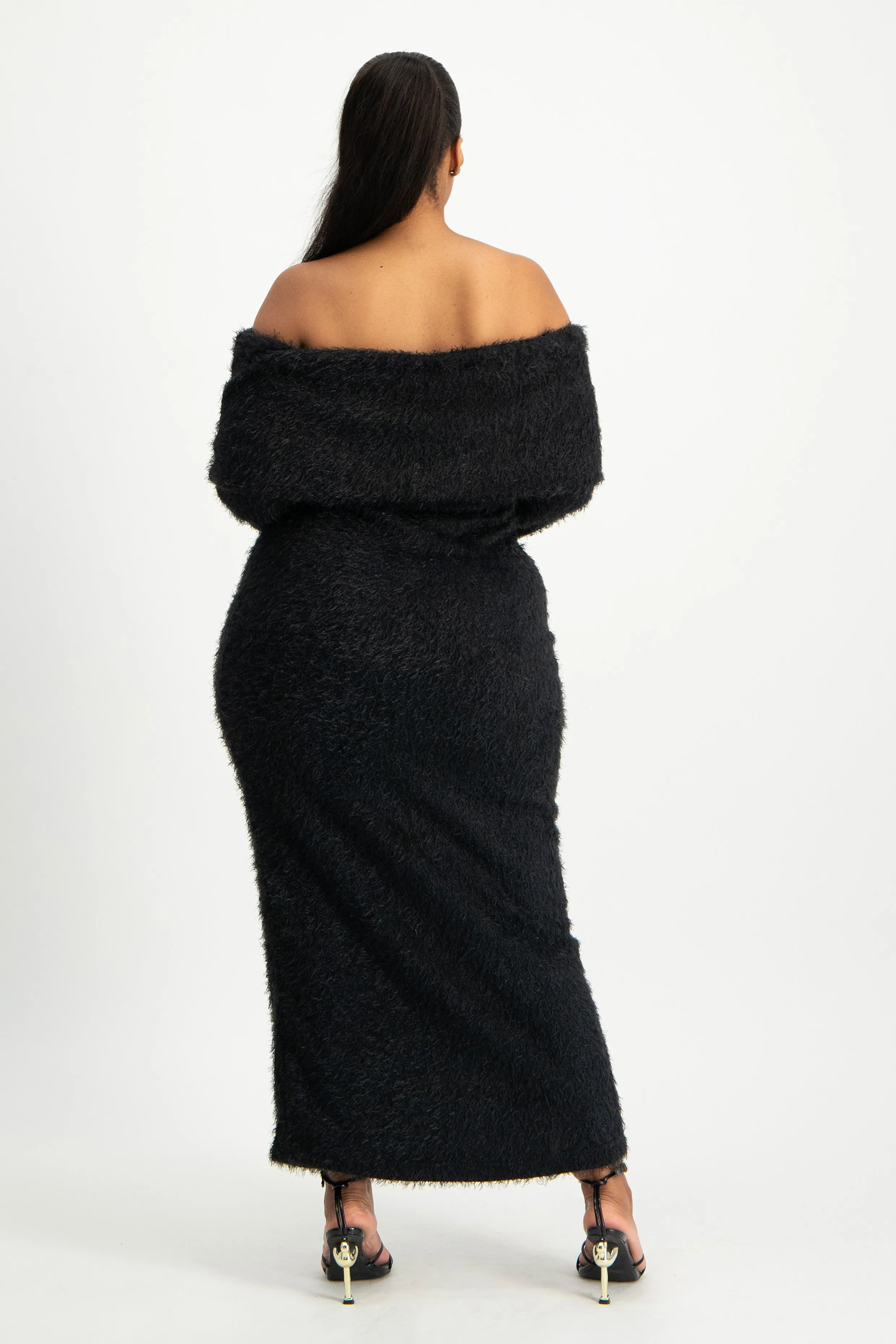 Off-Shoulder Fluffy Knit Dress