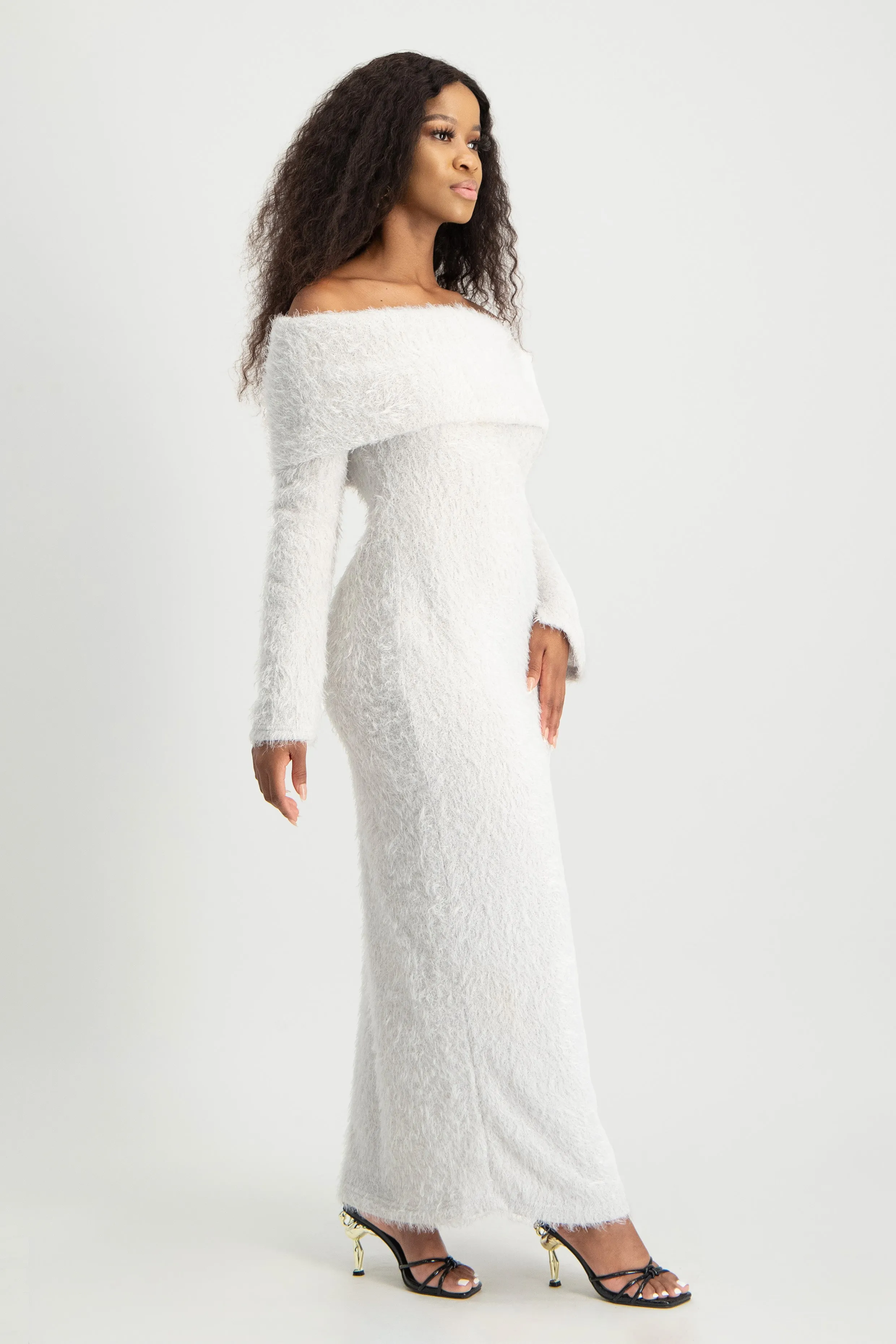 Off-Shoulder Fluffy Knit Dress