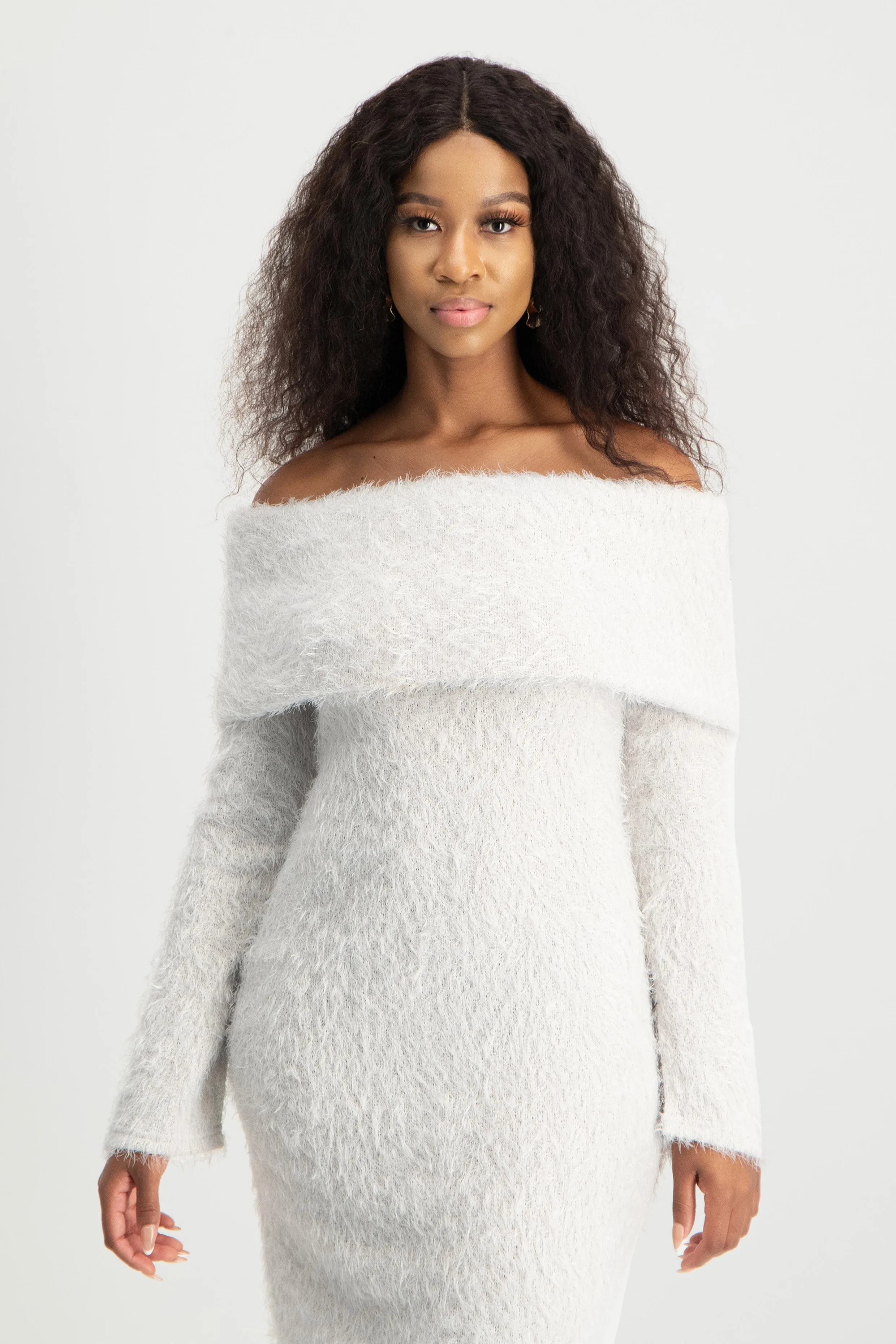 Off-Shoulder Fluffy Knit Dress
