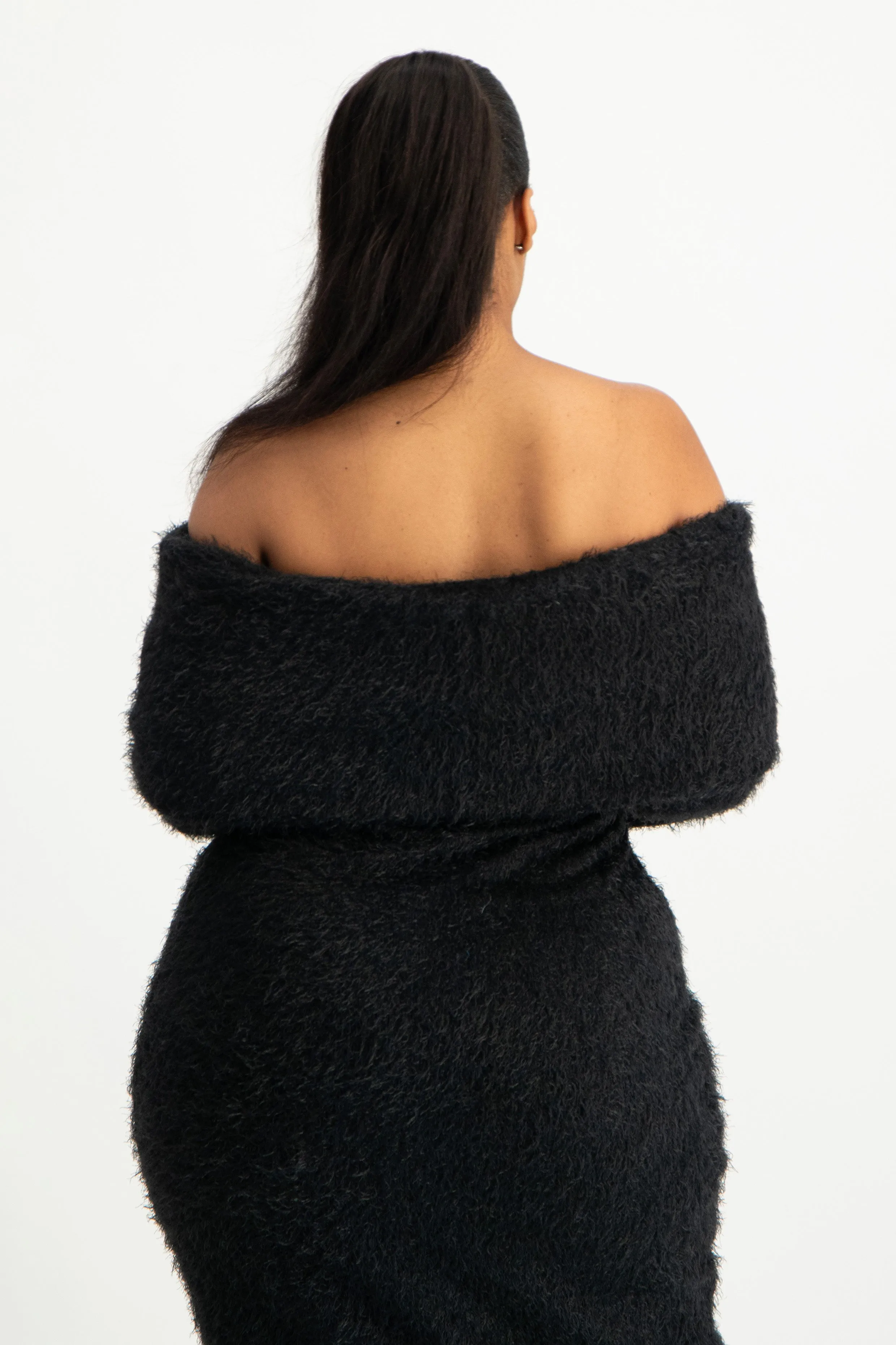 Off-Shoulder Fluffy Knit Dress