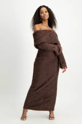 Off-Shoulder Fluffy Knit Dress
