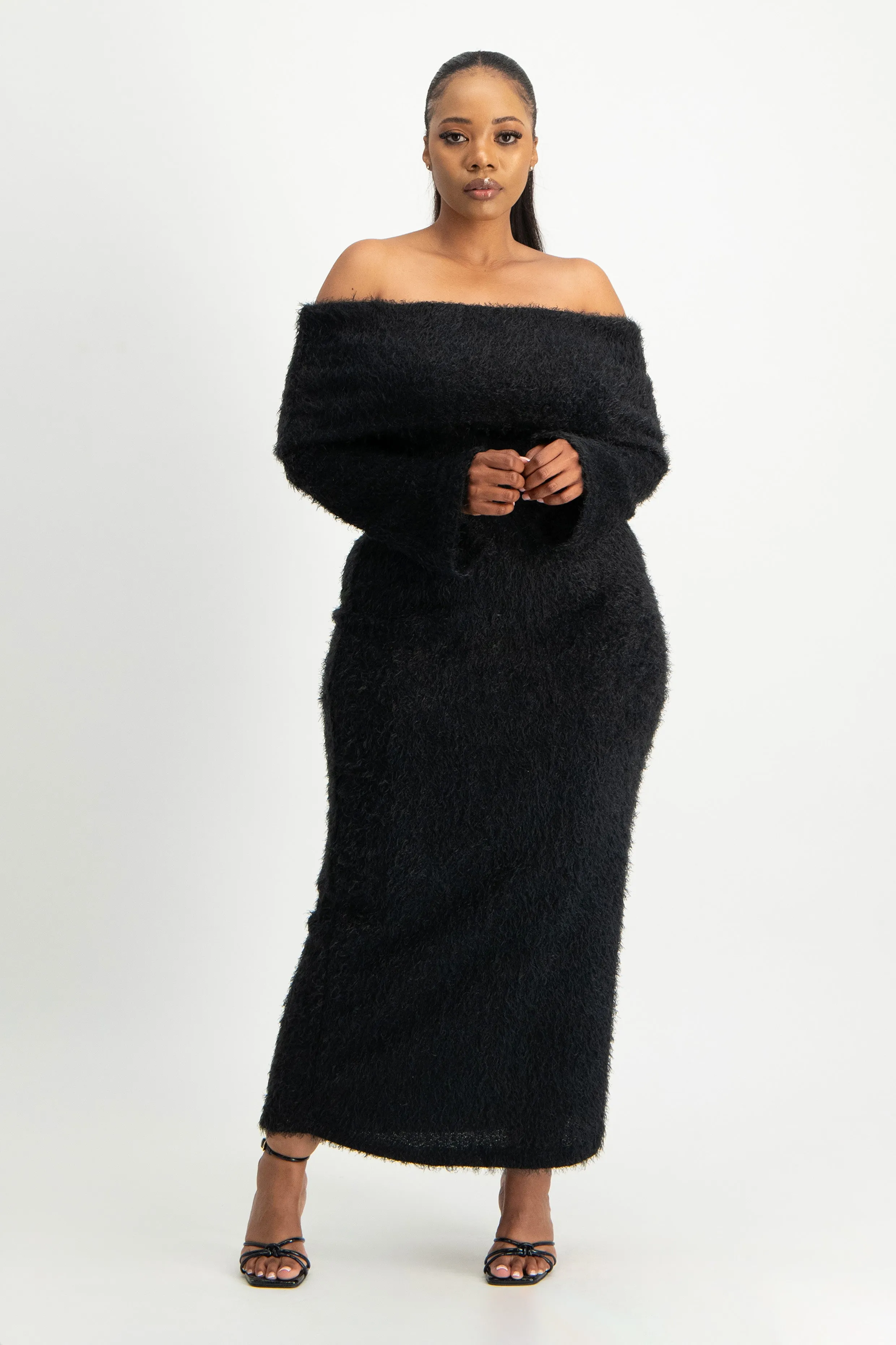 Off-Shoulder Fluffy Knit Dress
