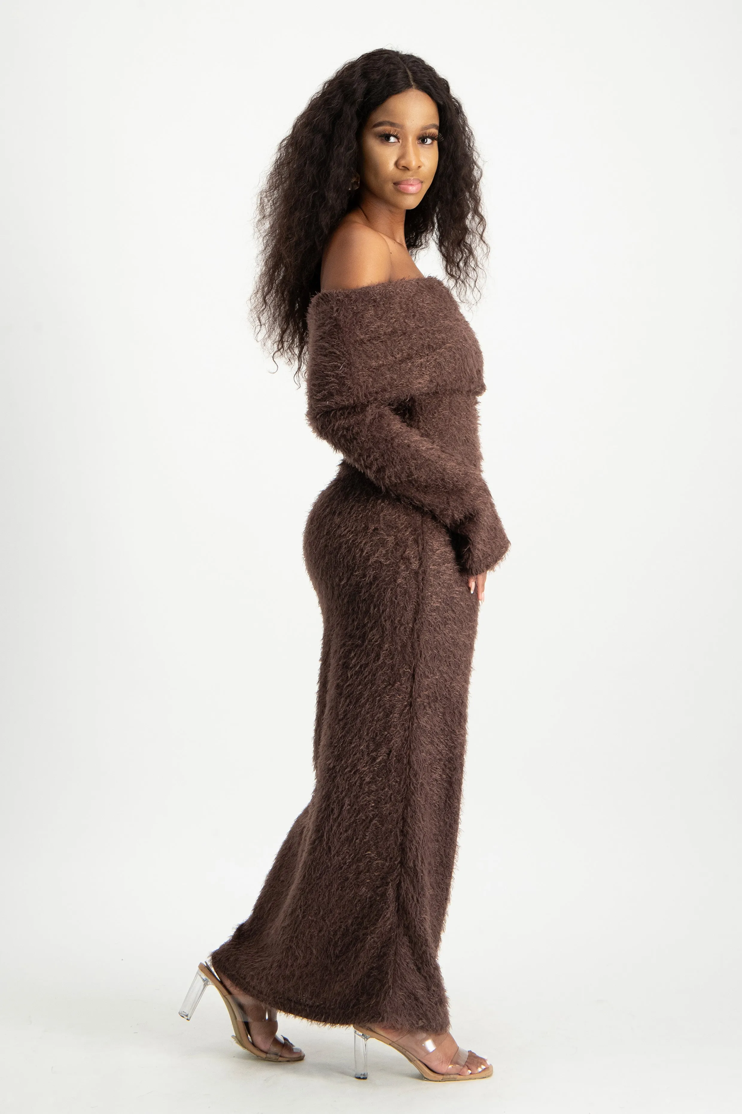 Off-Shoulder Fluffy Knit Dress
