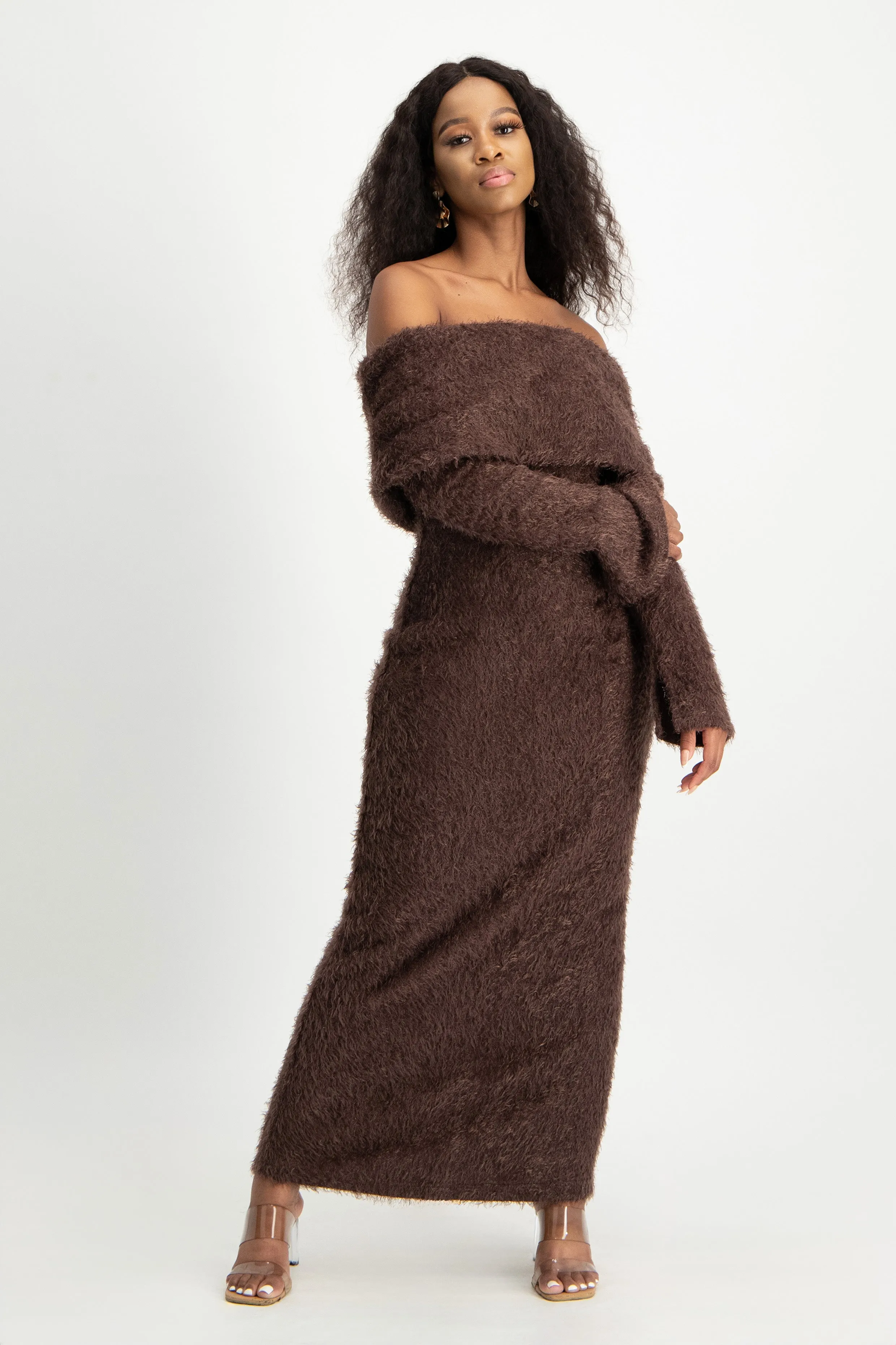 Off-Shoulder Fluffy Knit Dress