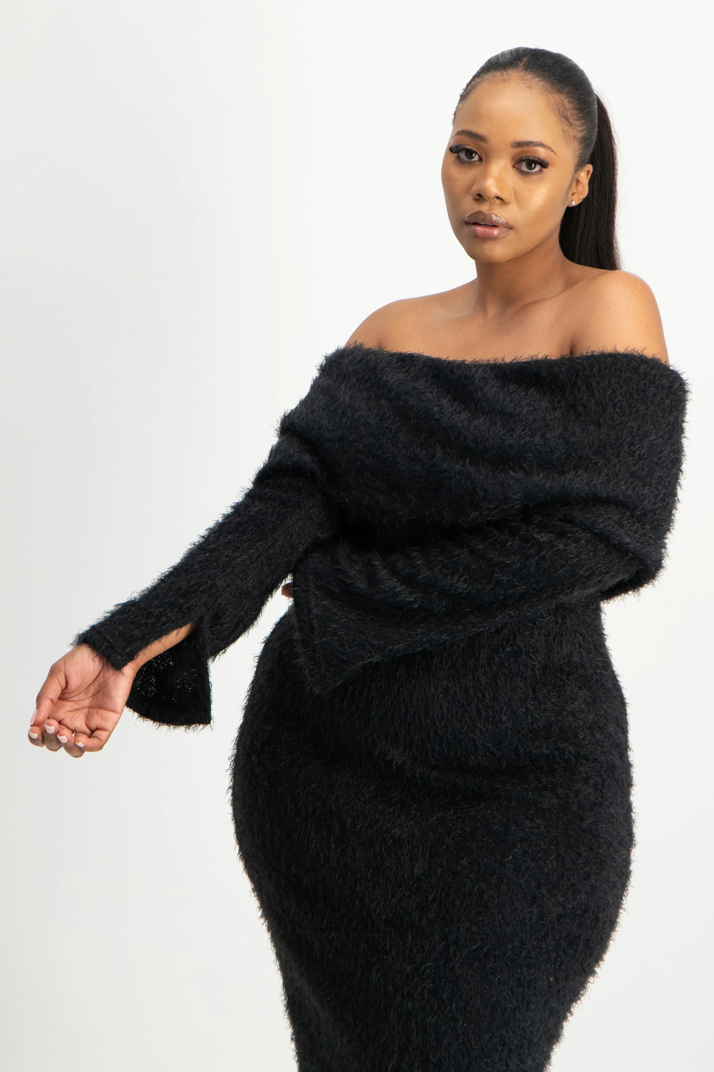 Off-Shoulder Fluffy Knit Dress