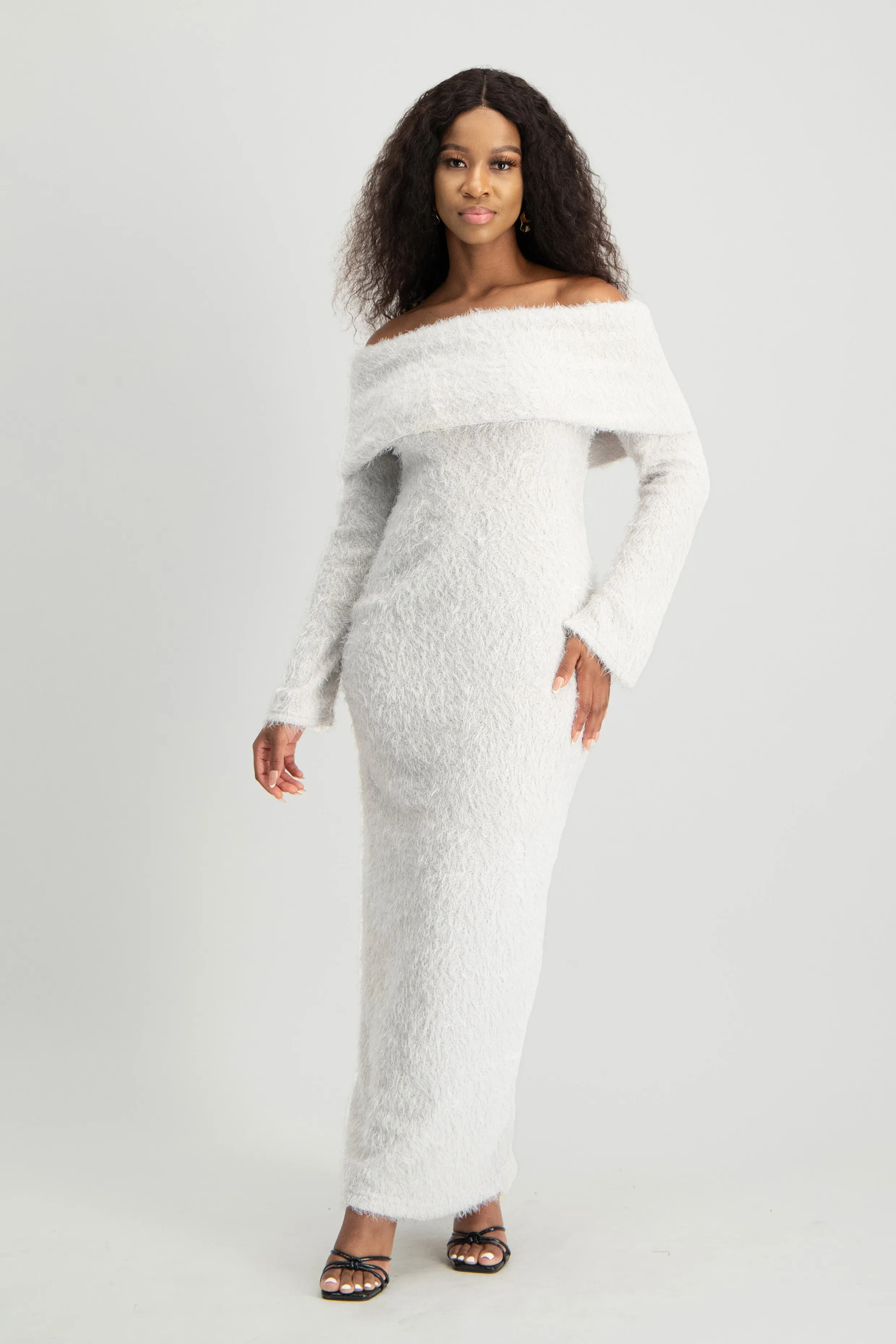 Off-Shoulder Fluffy Knit Dress