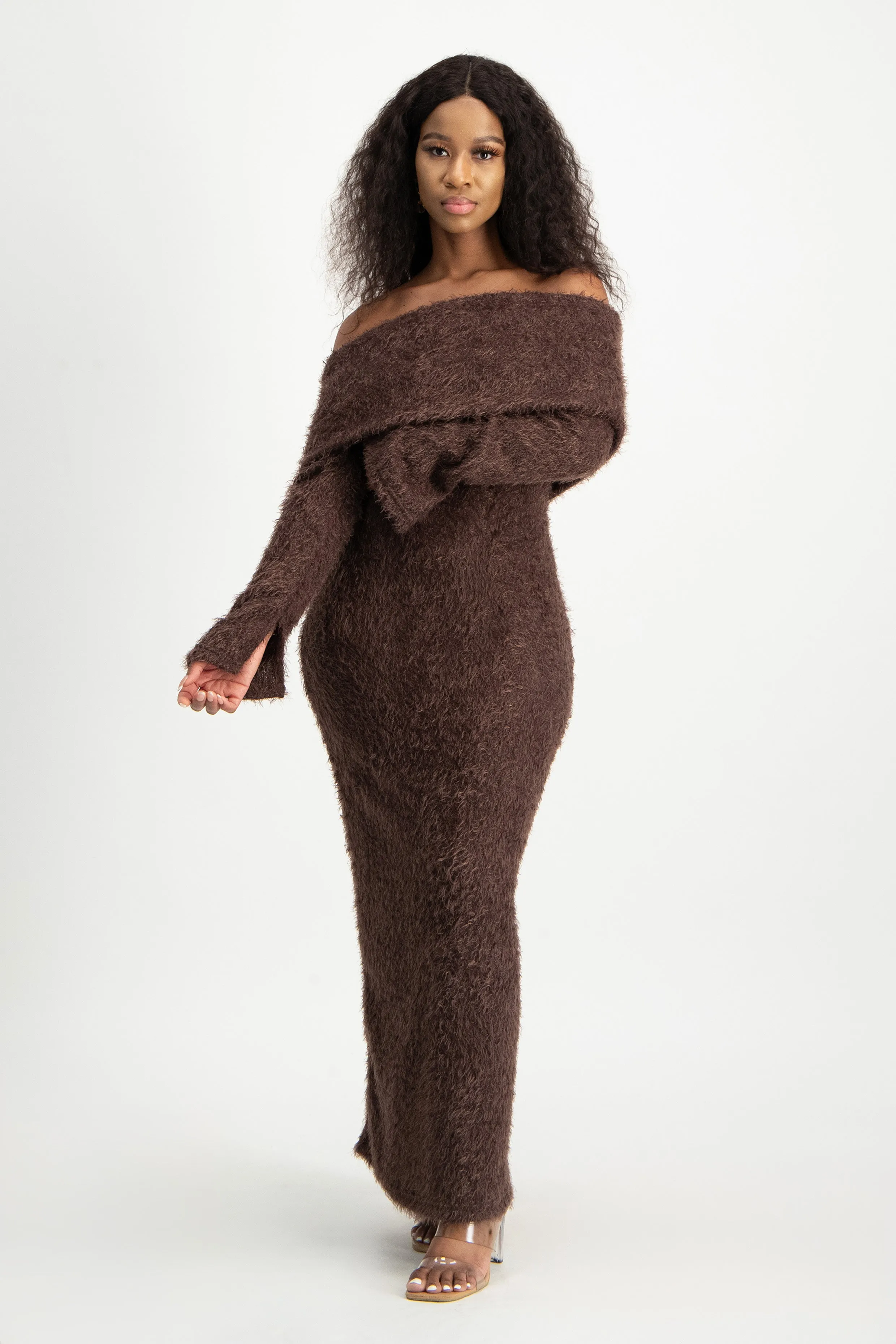 Off-Shoulder Fluffy Knit Dress