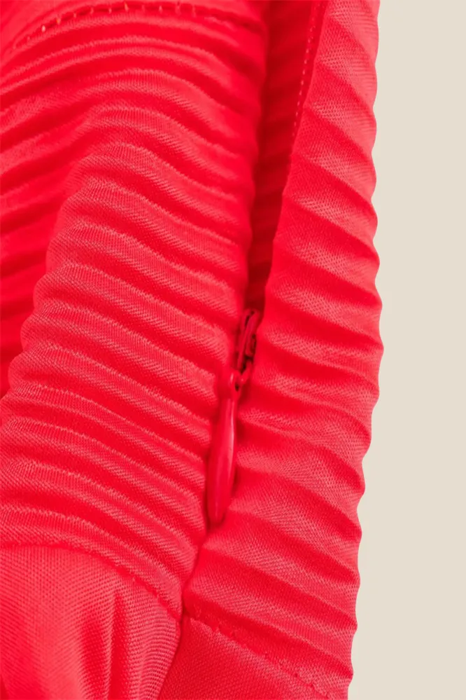 One Shoulder Red High Waist Pleated Long Dress