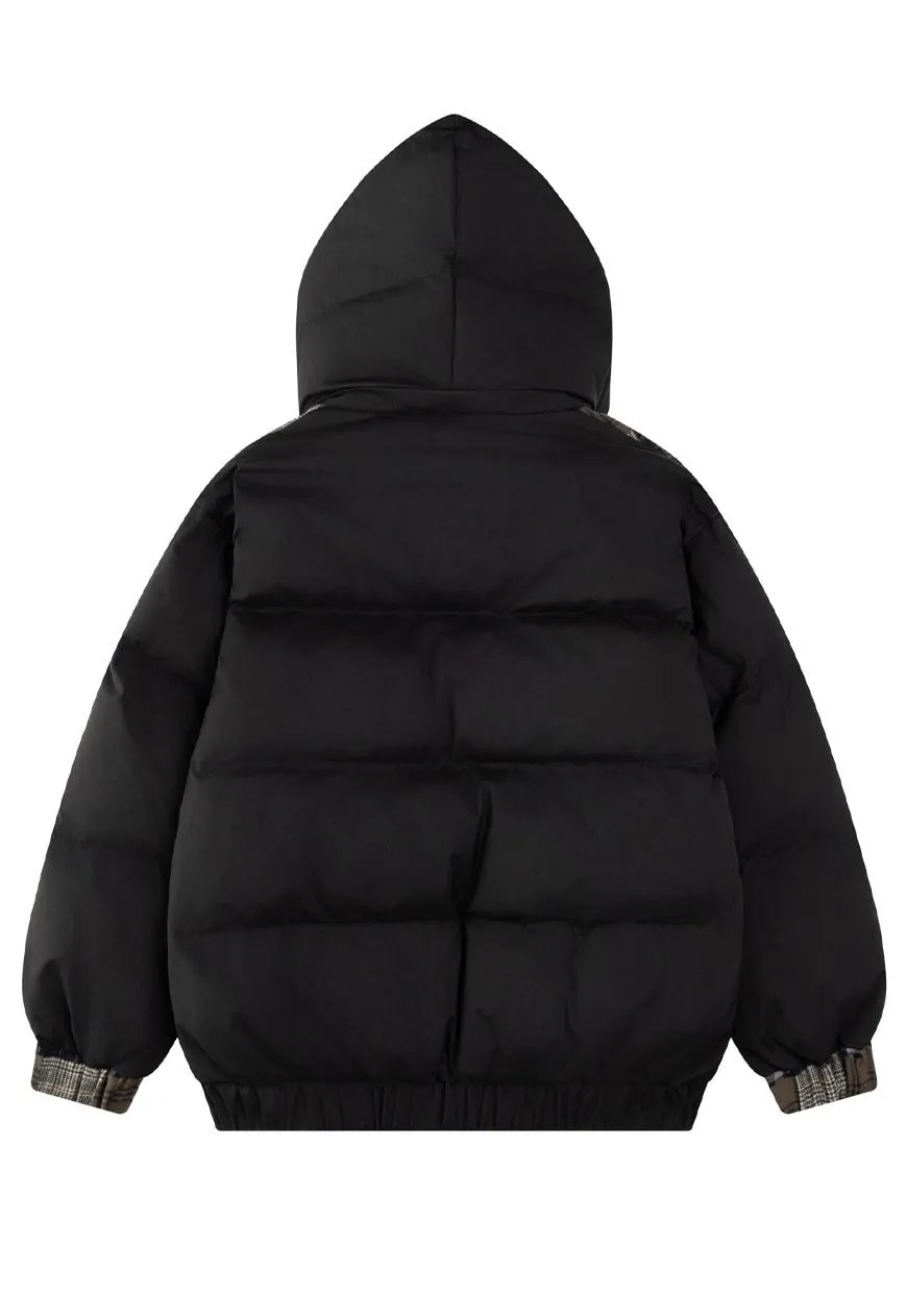 Patchwork parka jacket black furry collar hooded bomber
