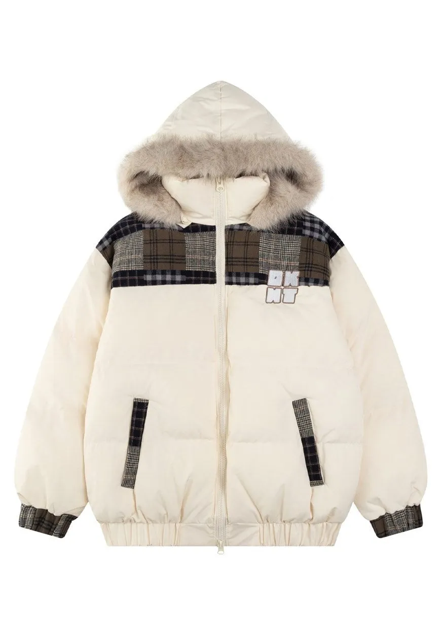 Patchwork parka jacket black furry collar hooded bomber