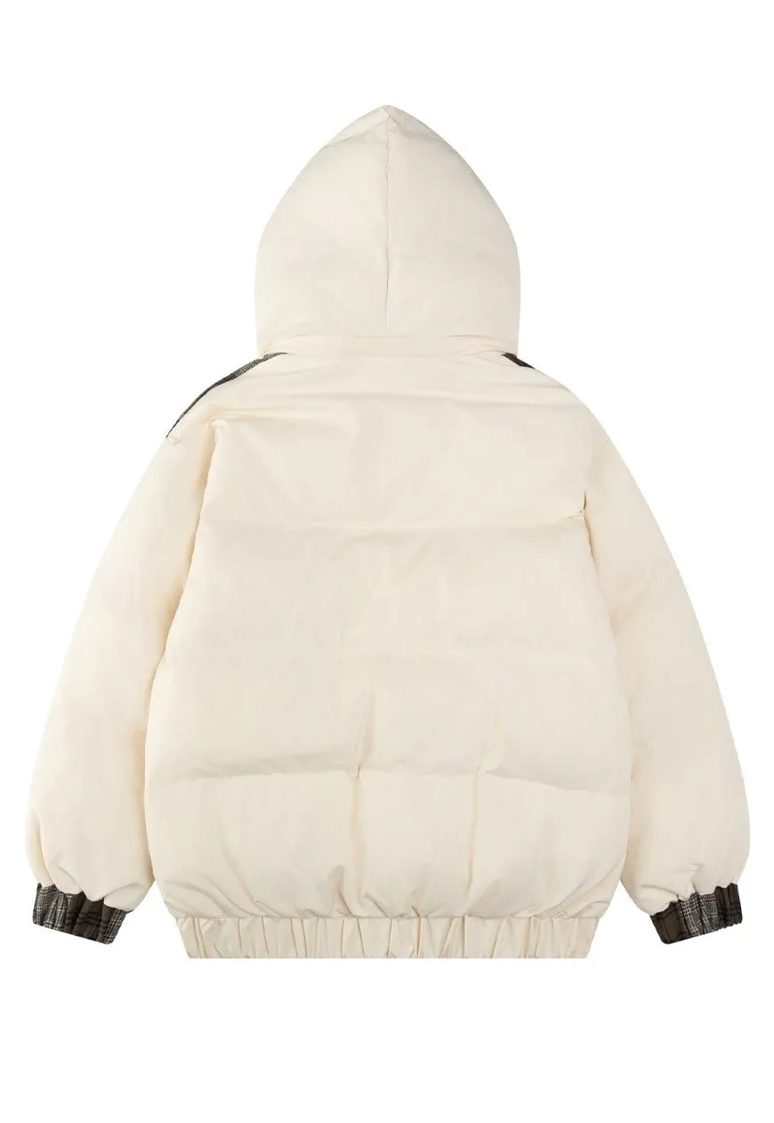 Patchwork parka jacket black furry collar hooded bomber