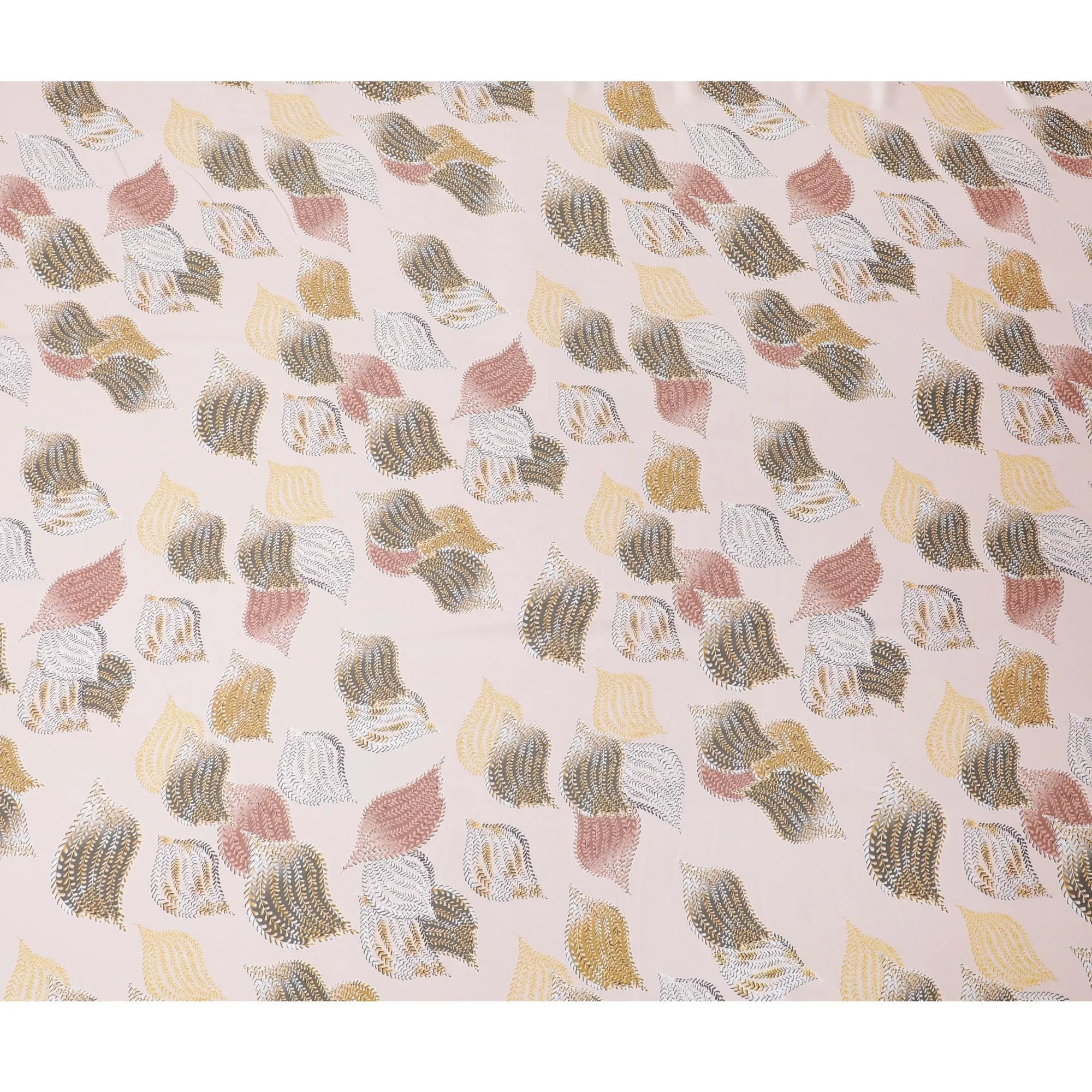 Peach synthetic satin fabric with multicolor print in leaf design-D16839