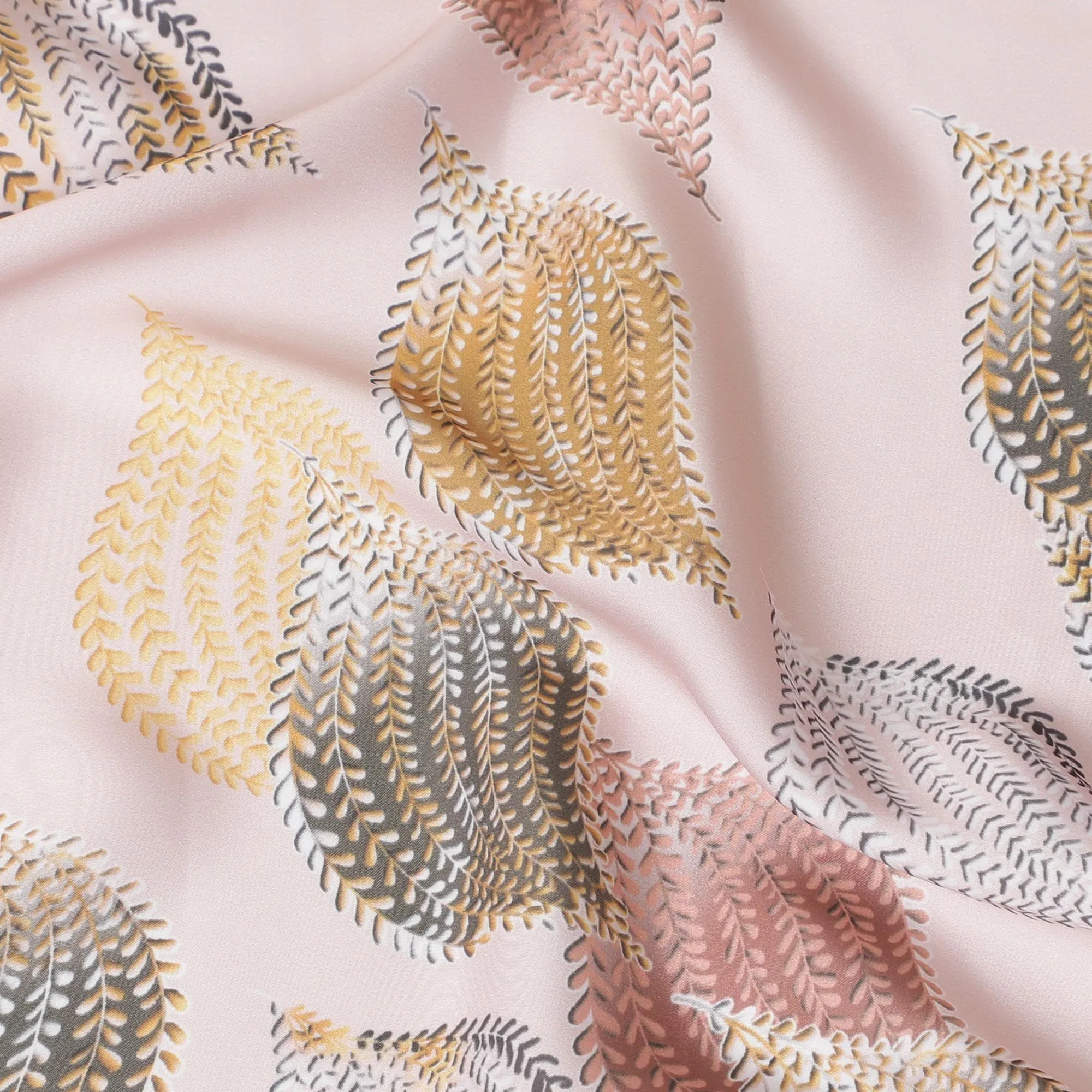 Peach synthetic satin fabric with multicolor print in leaf design-D16839