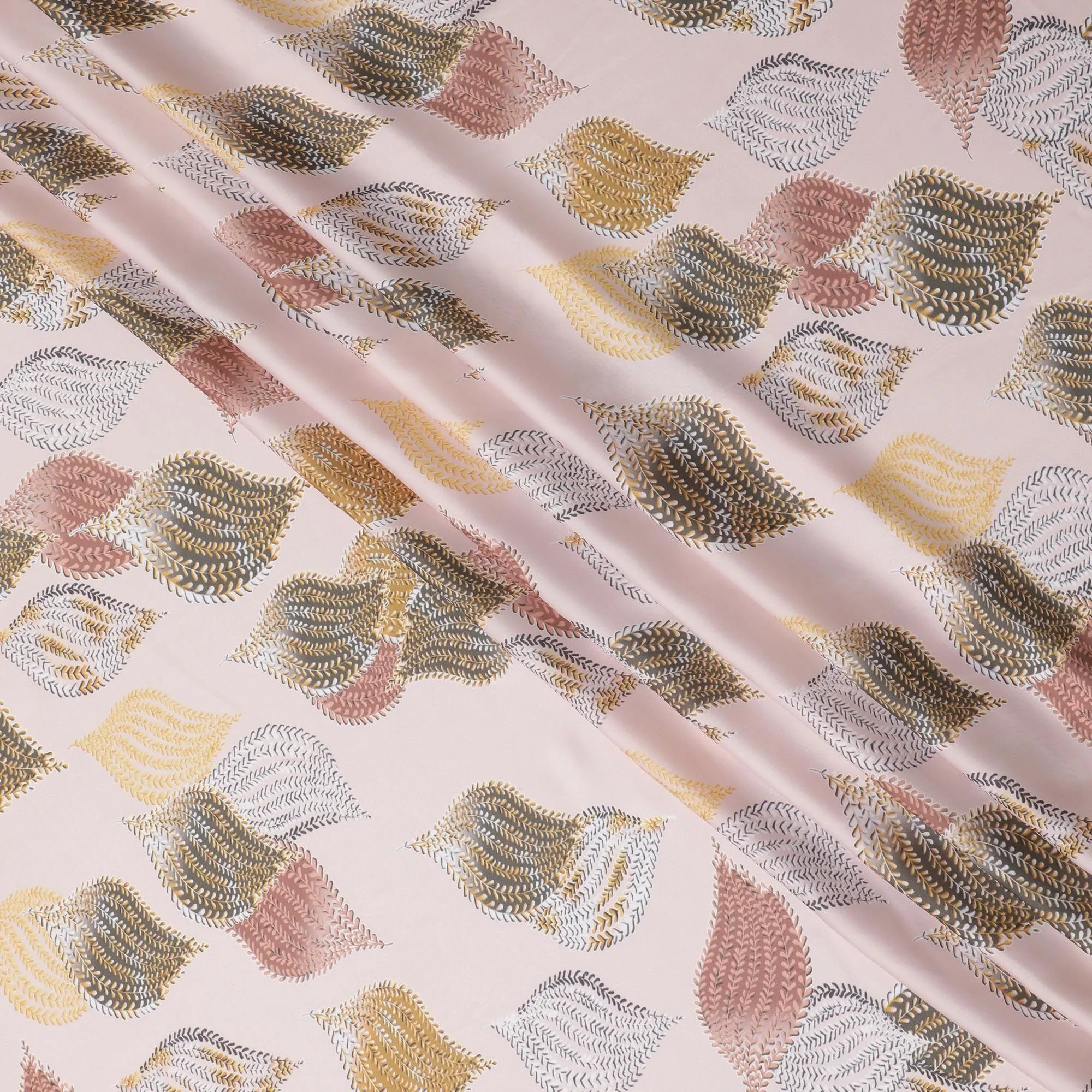 Peach synthetic satin fabric with multicolor print in leaf design-D16839