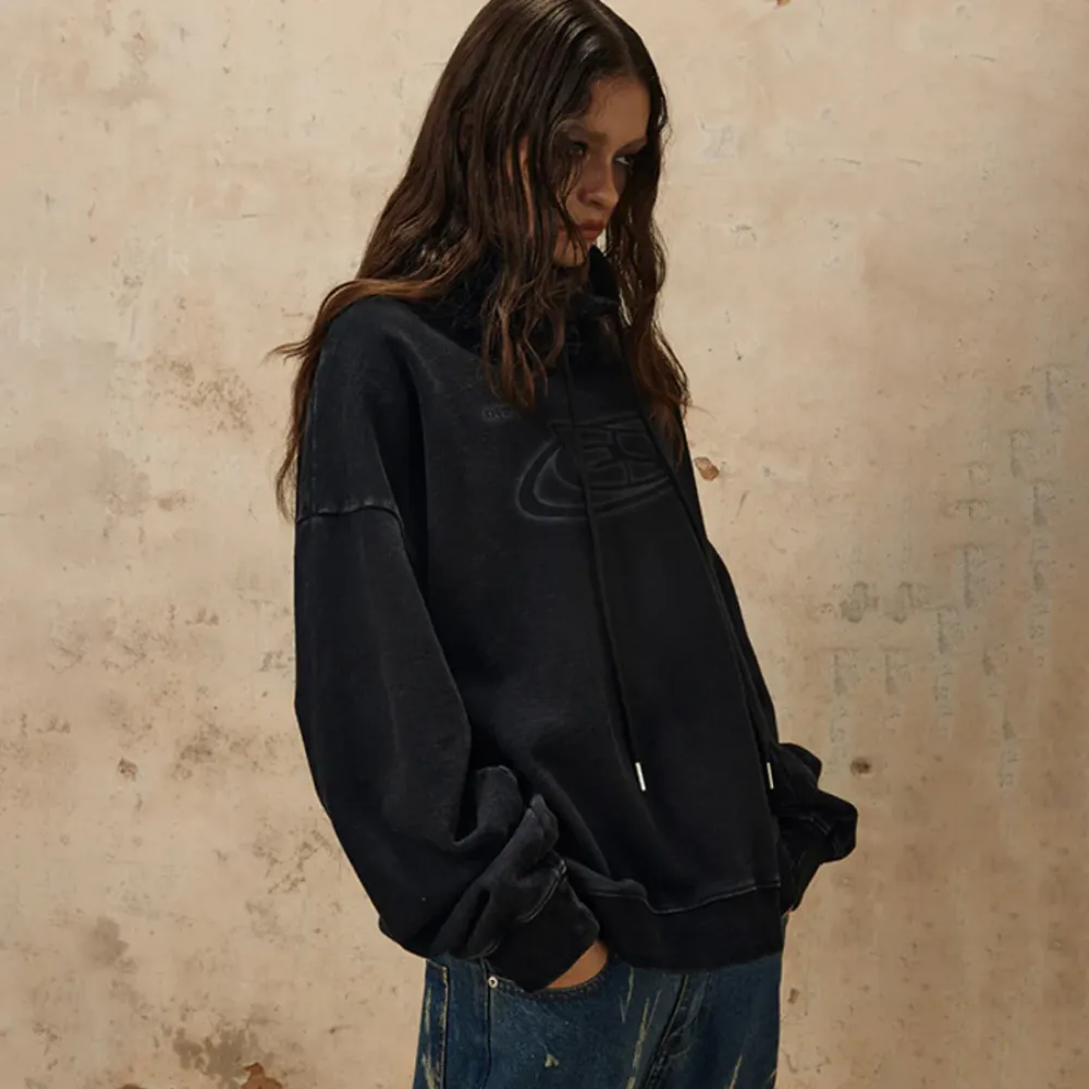 "High Collar Washed Letter" Sweatshirt