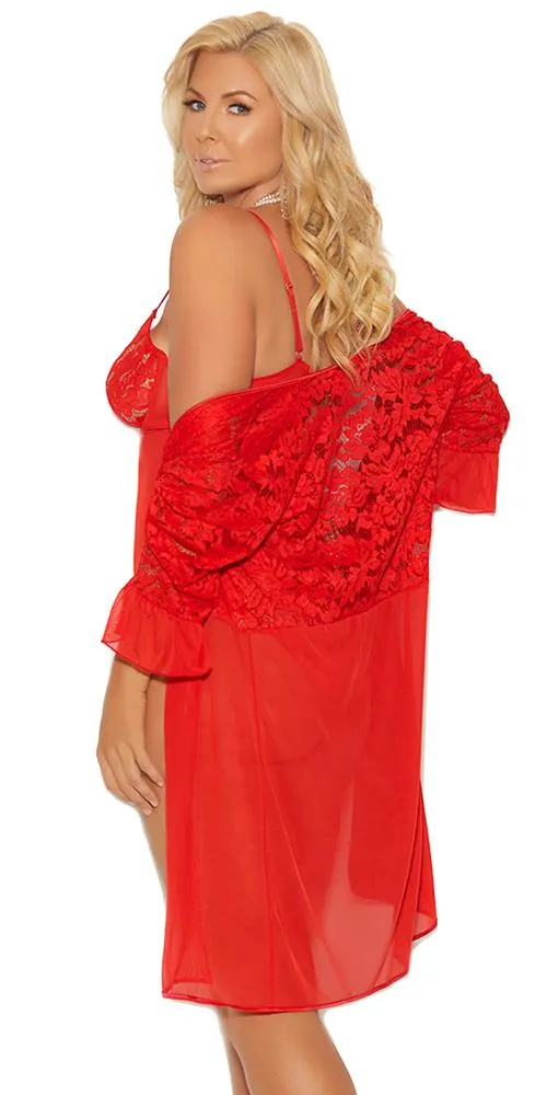 Sexy Holiday Plus Size Red Mesh and Lace Teddy and Robe