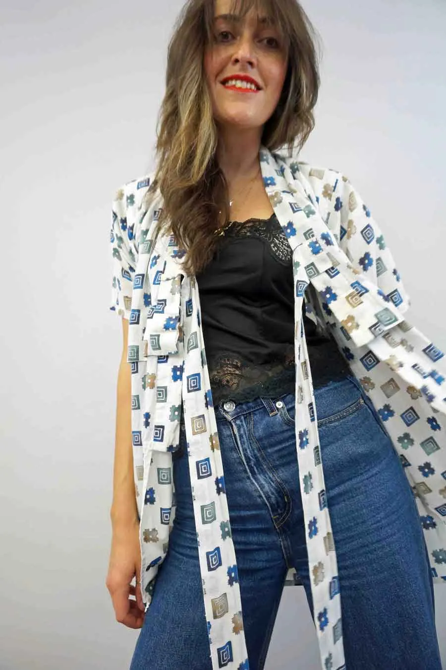 Short Vintage Geometric Print Kimono Jacket