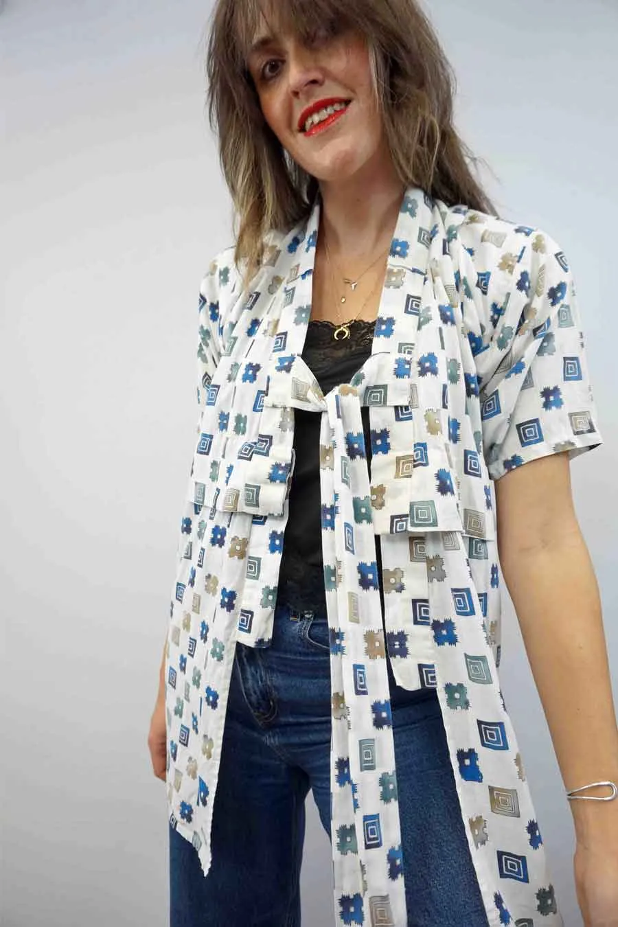 Short Vintage Geometric Print Kimono Jacket