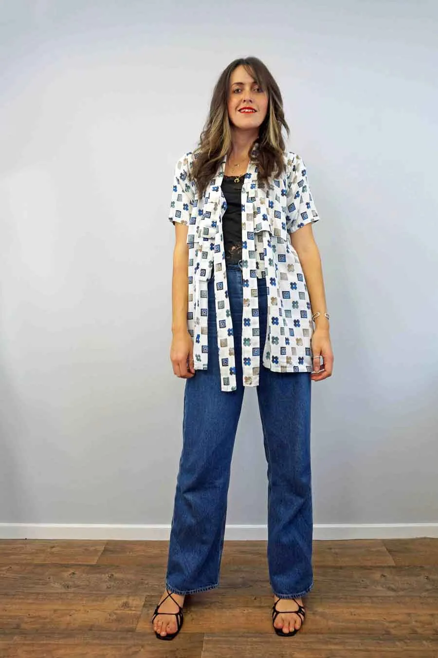 Short Vintage Geometric Print Kimono Jacket