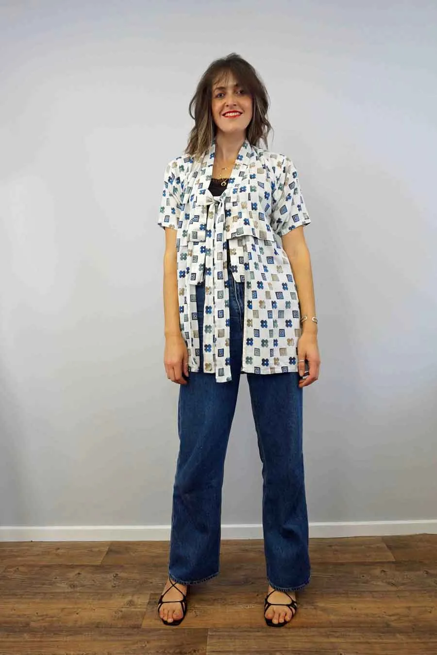 Short Vintage Geometric Print Kimono Jacket