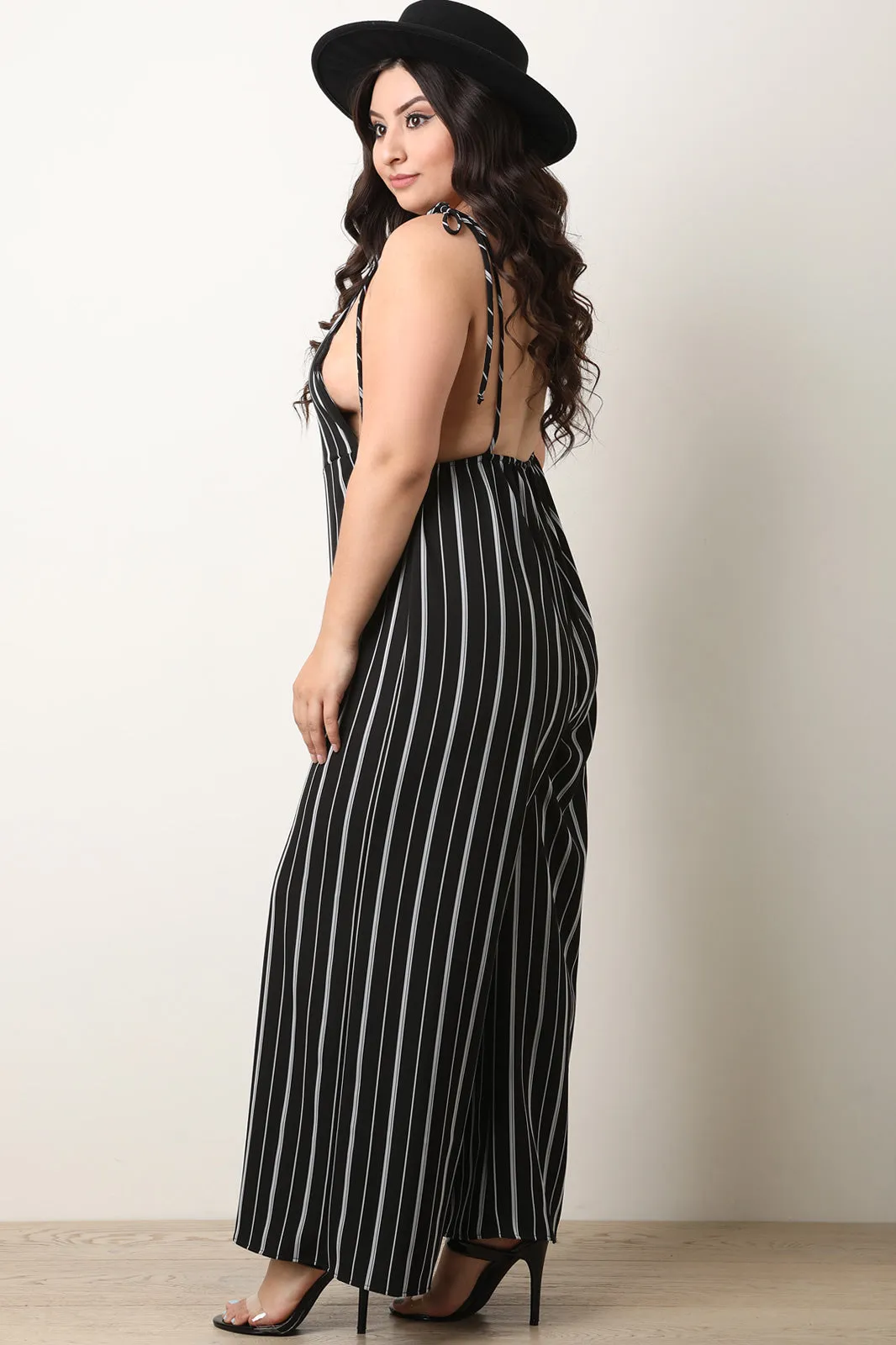 Stripe Tie Shoulder Overall Jumpsuit