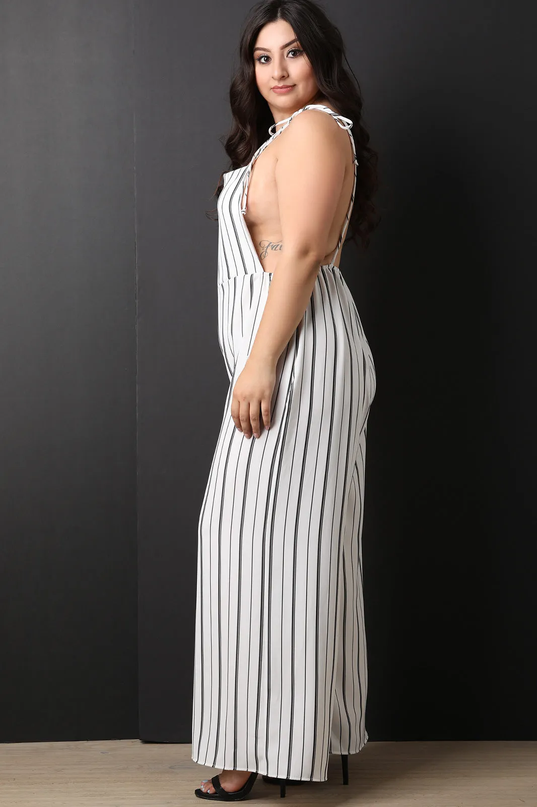 Stripe Tie Shoulder Overall Jumpsuit