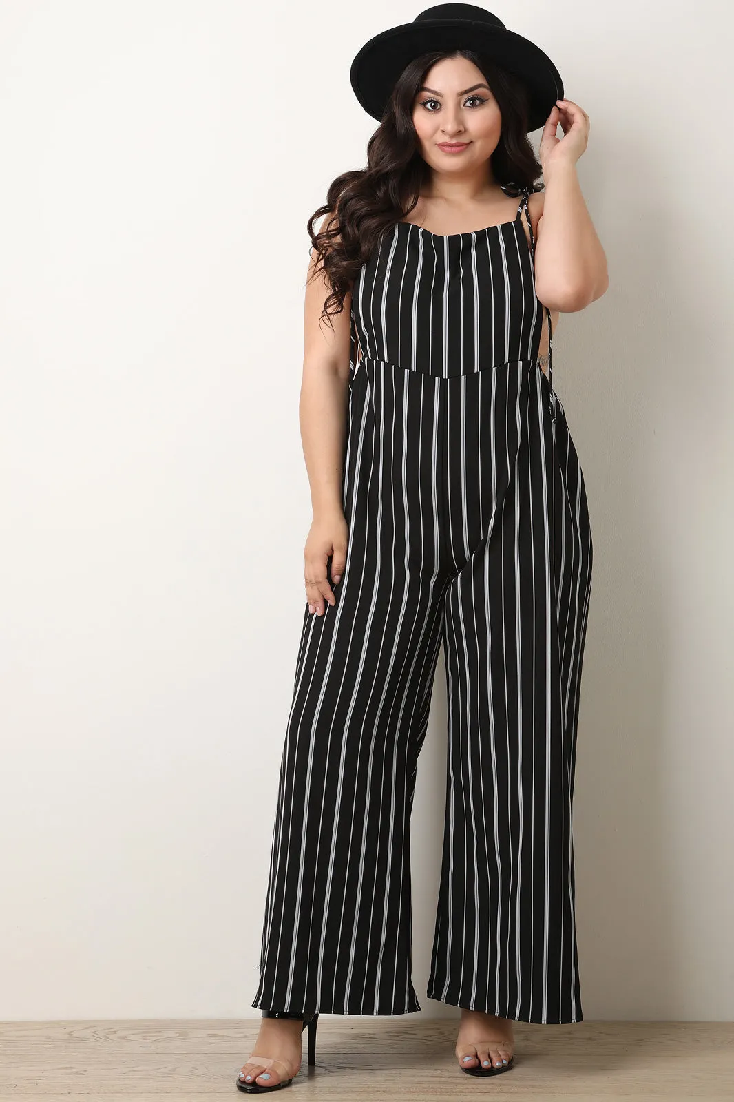 Stripe Tie Shoulder Overall Jumpsuit