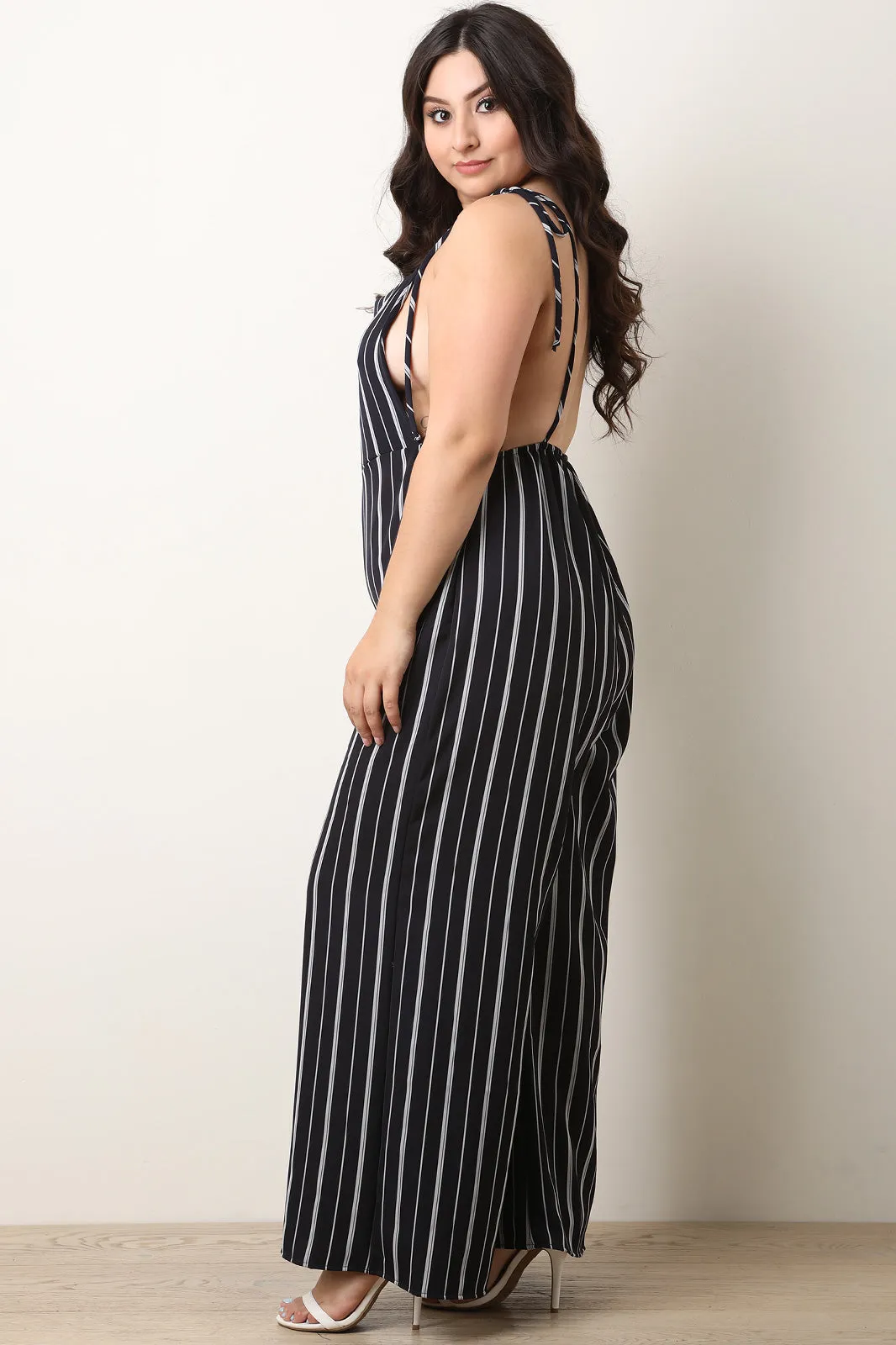 Stripe Tie Shoulder Overall Jumpsuit
