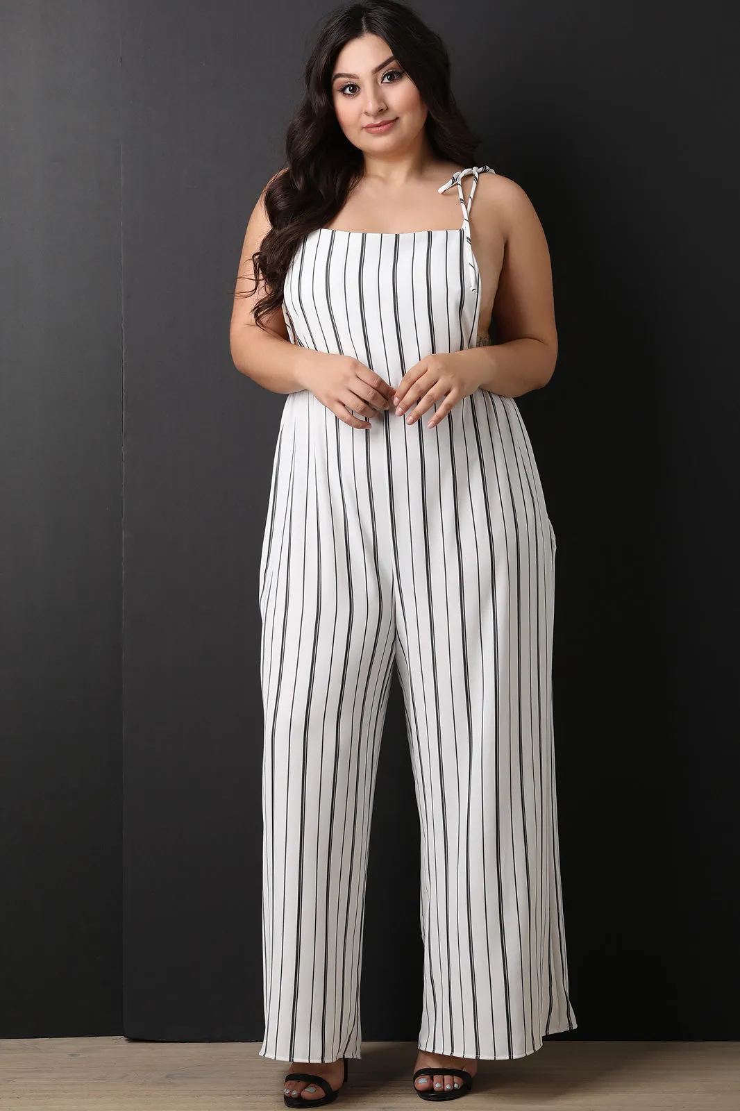 Stripe Tie Shoulder Overall Jumpsuit