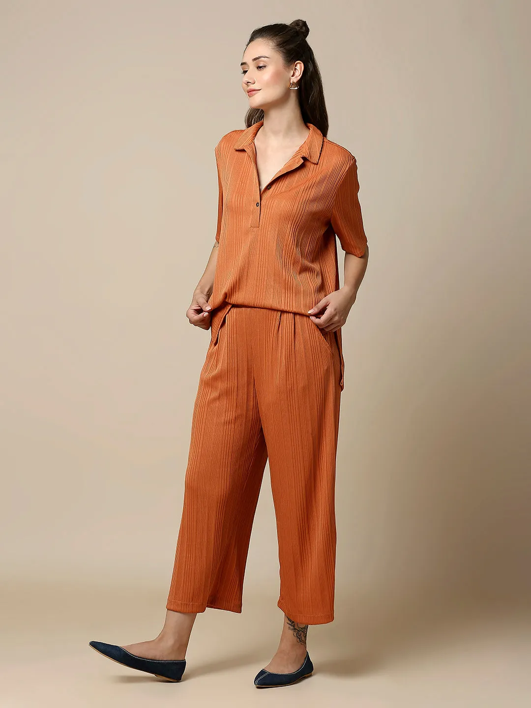 VARIEGATED RIB POLY LYCRA POLO TEE & CULOTTES CO-ORD SET
