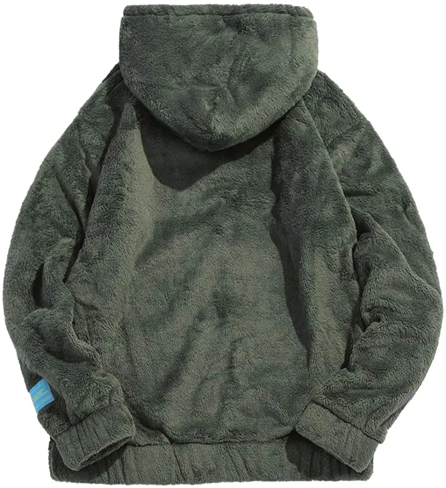 Winter Fluffy Hoodie Army Green Oversized Pullover Sweatshirt